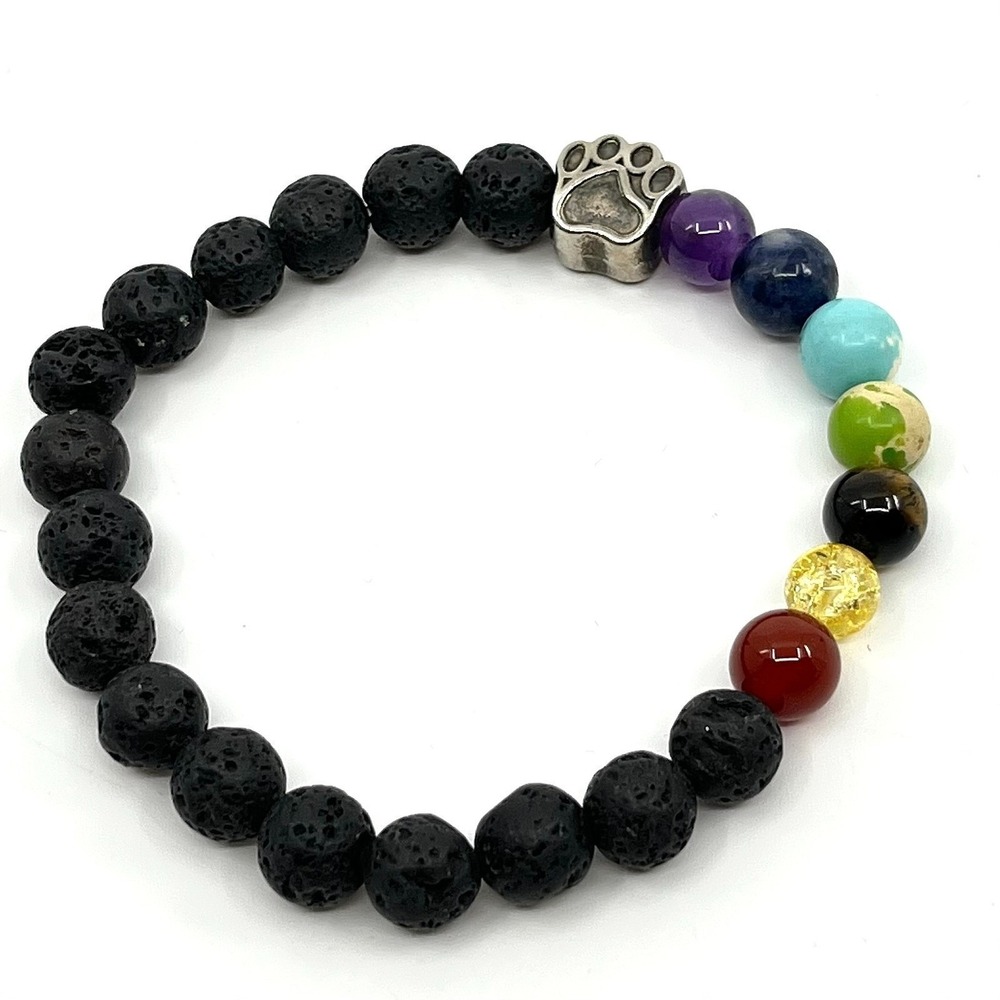 Vintage‎ 7 Chakra Lava Rock Beaded Stretch Bracelet Silver Dog Paw Charm Unisex